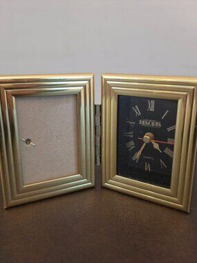 Quartz Gold Tone Brass Desk/Mantle Clock & Picture Frame Set